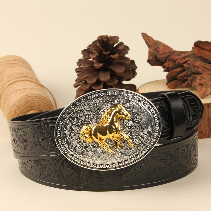 Ceinture pour homme en cuir gaufré avec boucle ovale argentée Golden Horse - Cheval d'or + Ceinture noire - 38 - image 0