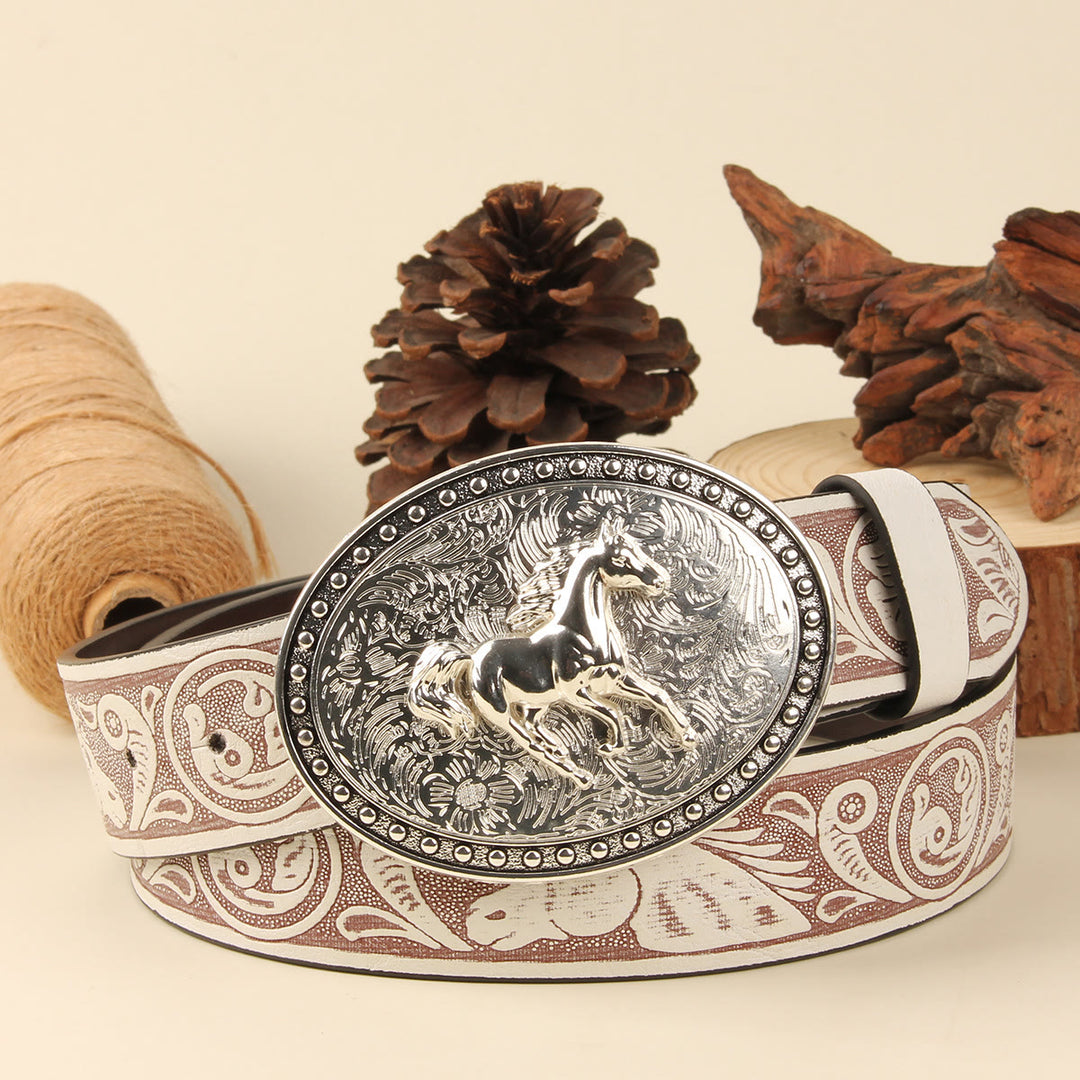 Ceinture pour homme en cuir gaufré avec boucle ovale argentée Golden Horse - Cheval d'argent + Ceinture blanche - 38 - image 5