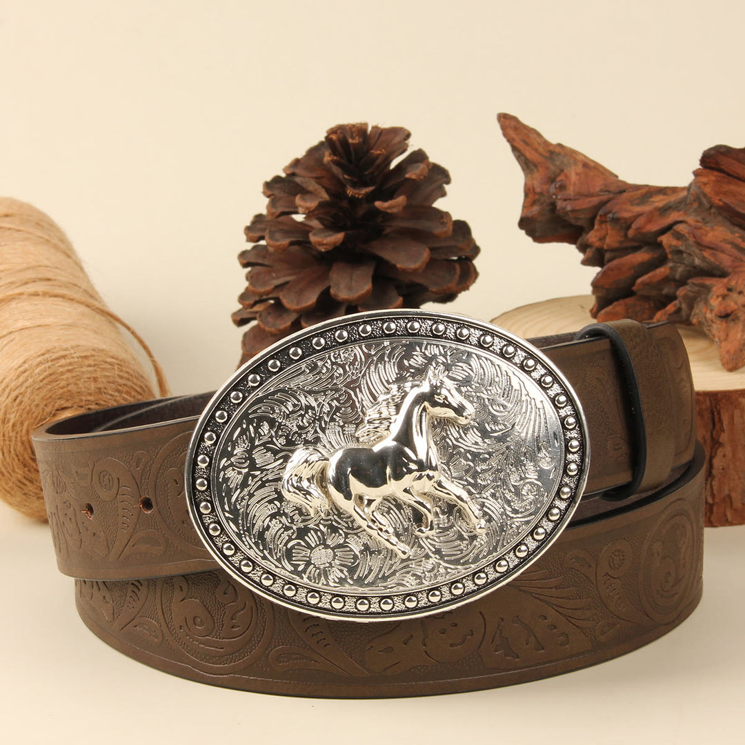 Ceinture pour homme en cuir gaufré avec boucle ovale argentée Golden Horse - Cheval d'argent + Ceinture marron - 38 - image 3