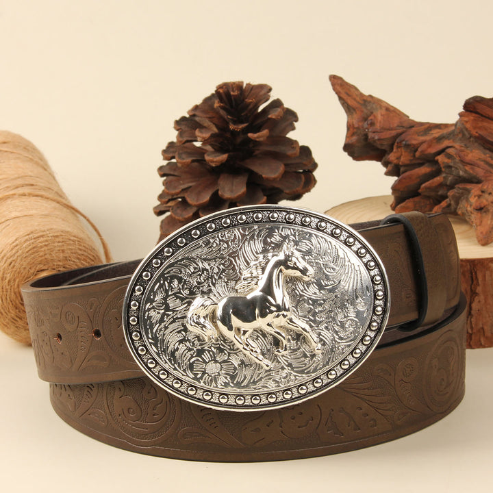 Ceinture pour homme en cuir gaufré avec boucle ovale argentée Golden Horse - Cheval d'argent + Ceinture marron - 38 - image 3