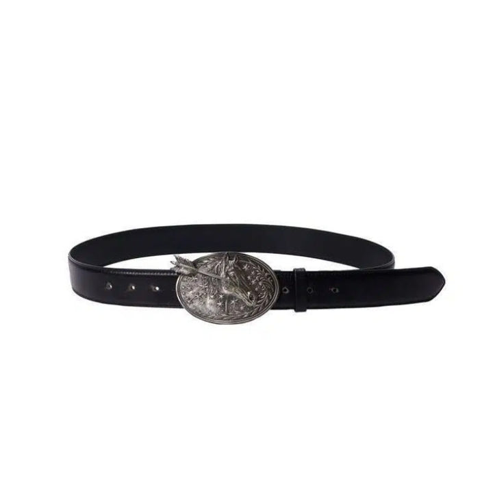 Ceinture en cuir noir pour homme avec boucle en cuir argenté à tête de cheval, flèche et étoiles - image 2
