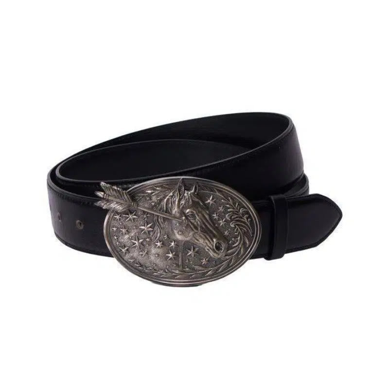 Ceinture en cuir noir pour homme avec boucle en cuir argenté à tête de cheval, flèche et étoiles - Tête de cheval argentée - 34 - image 0