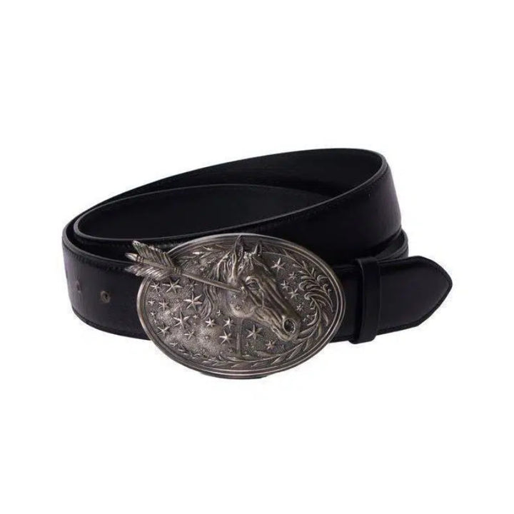 Ceinture en cuir noir pour homme avec boucle en cuir argenté à tête de cheval, flèche et étoiles - Tête de cheval argentée - 34 - image 0