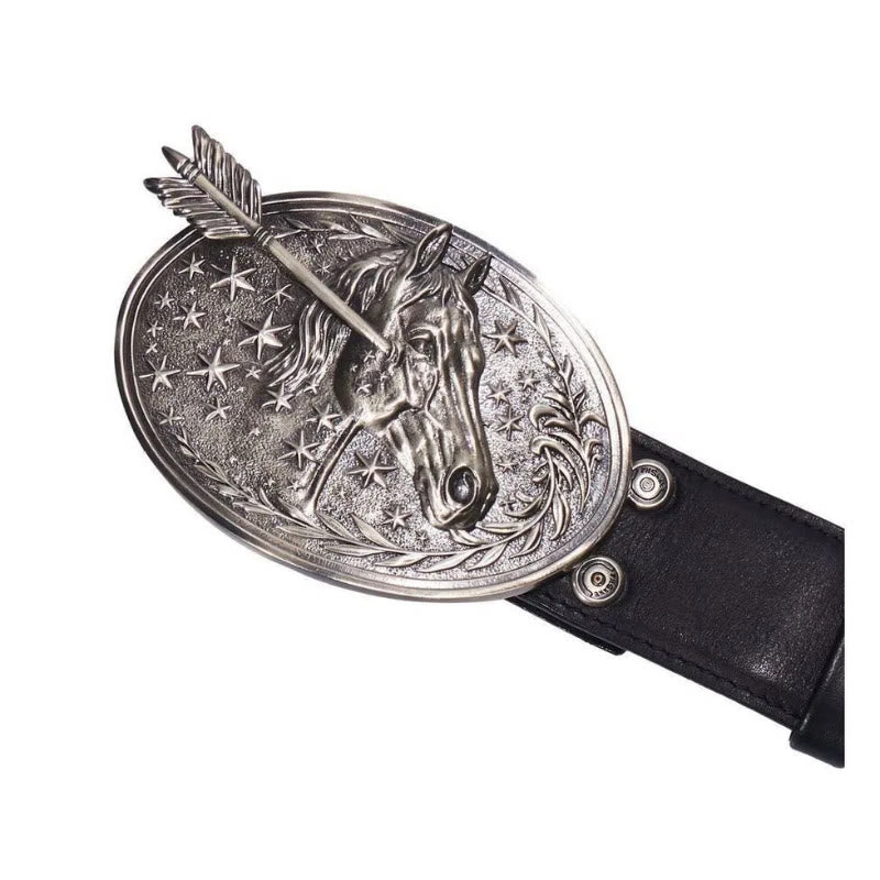 Ceinture en cuir noir pour homme avec boucle en cuir argenté à tête de cheval, flèche et étoiles - image 1