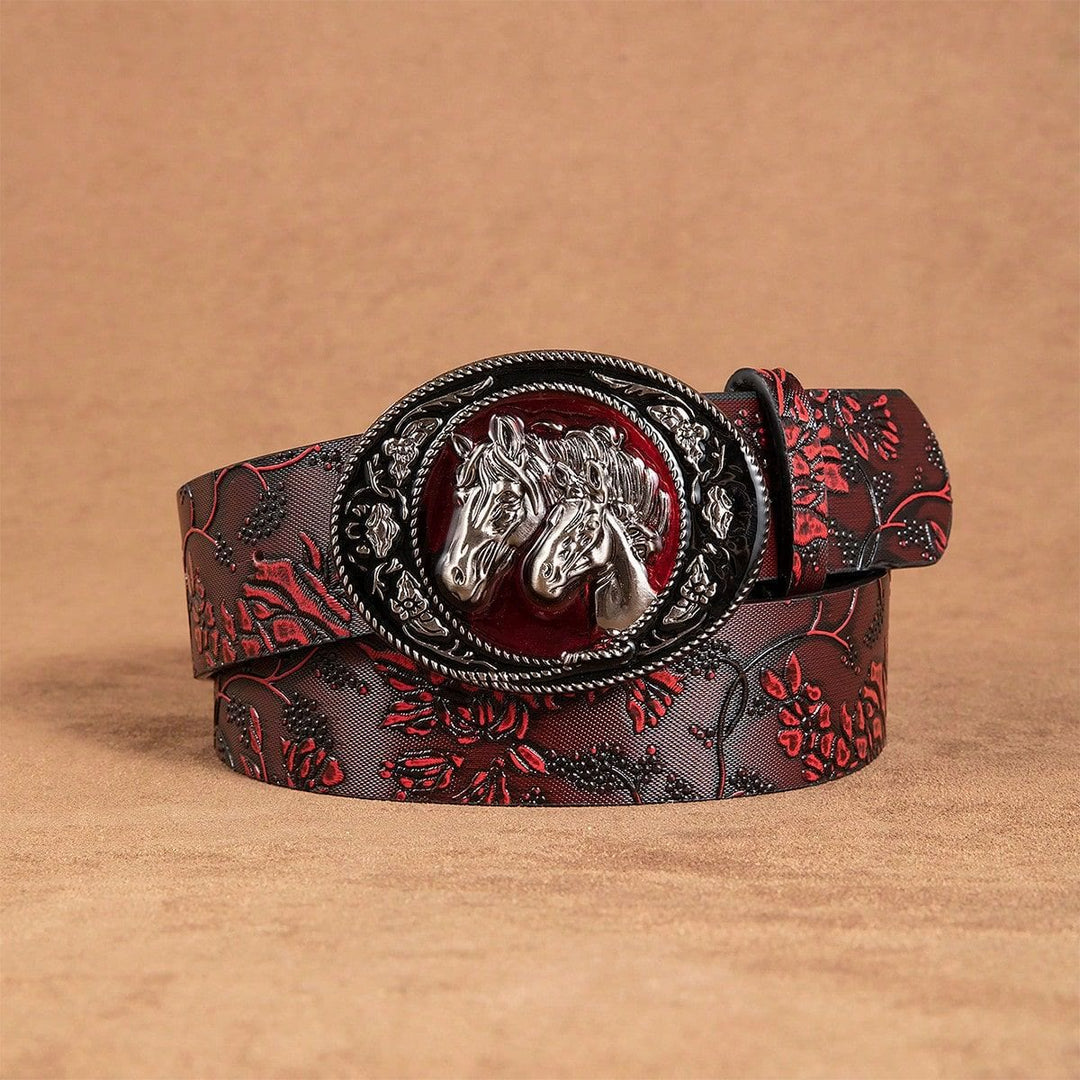 Ceinture à motif floral et double boucle tête de cheval noire et rouge pour femme - image 2