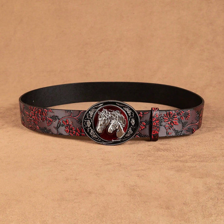 Ceinture à motif floral et double boucle tête de cheval noire et rouge pour femme - Double Horsehead - 42 - image 0