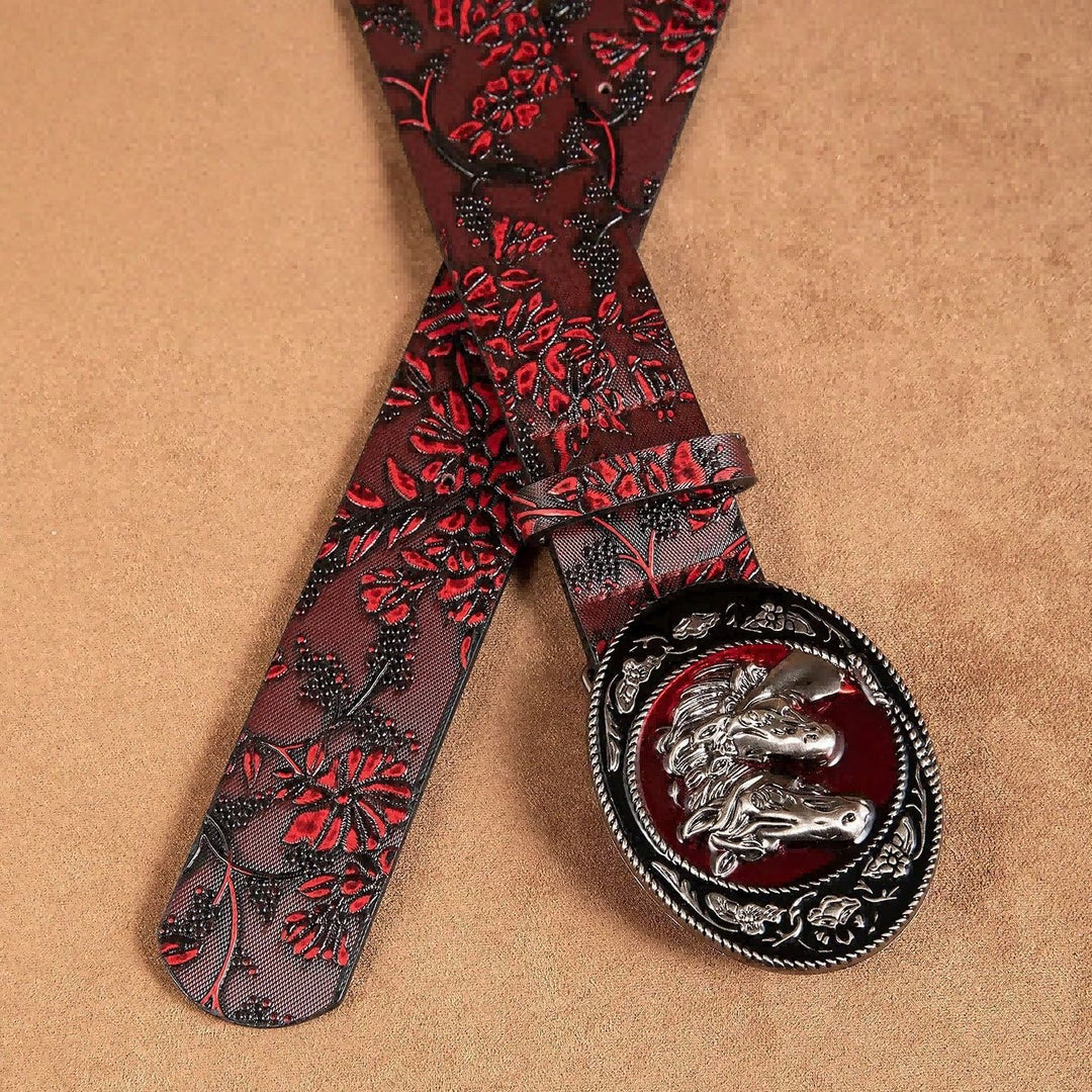 Ceinture à motif floral et double boucle tête de cheval noire et rouge pour femme - image 3