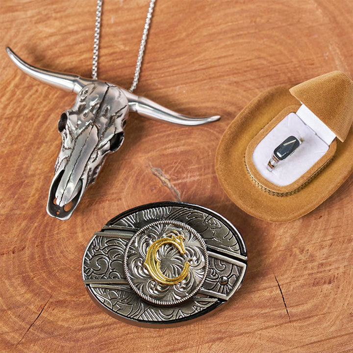 Ensemble de bagues et boucles de ceinture avec pendentif tête de taureau et couteau caché, initiales incluses. - C - Sans ceinture - image 8
