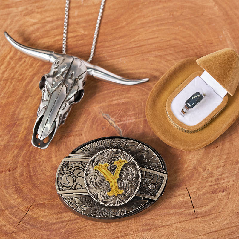 Ensemble de bagues et boucles de ceinture avec pendentif tête de taureau et couteau caché, initiales incluses. - Y - Sans ceinture - image 30