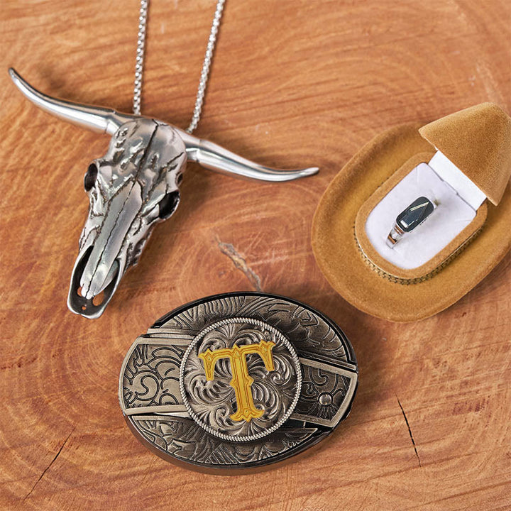 Ensemble de bagues et boucles de ceinture avec pendentif tête de taureau et couteau caché, initiales incluses. - T - Sans ceinture - image 25