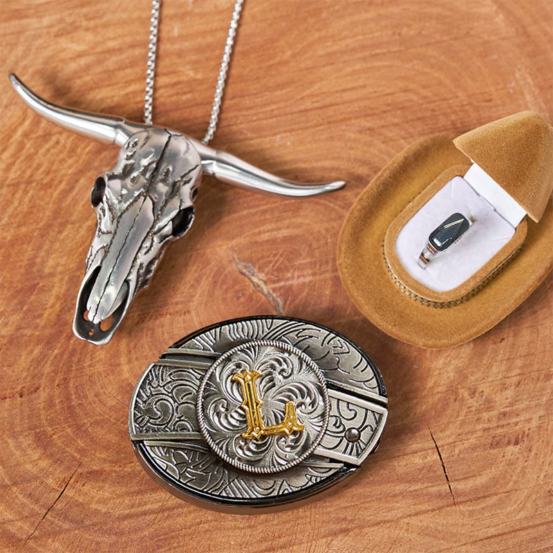 Ensemble de bagues et boucles de ceinture avec pendentif tête de taureau et couteau caché, initiales incluses. - L - Sans ceinture - image 17