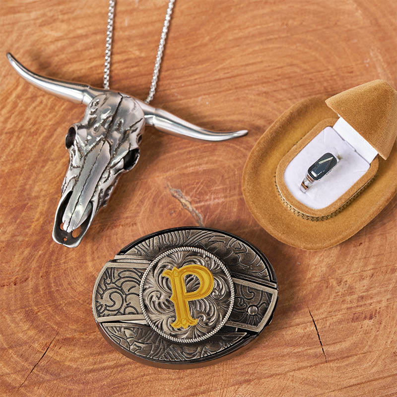Ensemble de bagues et boucles de ceinture avec pendentif tête de taureau et couteau caché, initiales incluses. - P - Sans ceinture - image 21