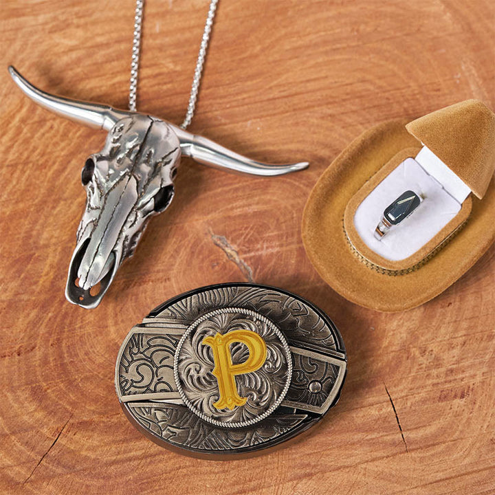 Ensemble de bagues et boucles de ceinture avec pendentif tête de taureau et couteau caché, initiales incluses. - P - Sans ceinture - image 21