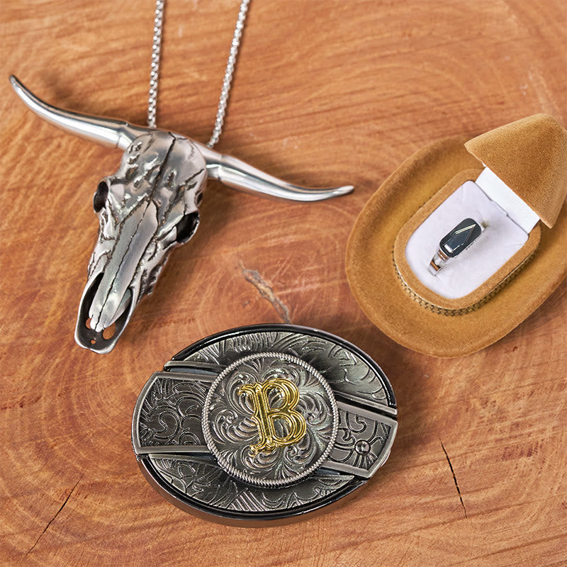 Ensemble de bagues et boucles de ceinture avec pendentif tête de taureau et couteau caché, initiales incluses. - B - Sans ceinture - image 1