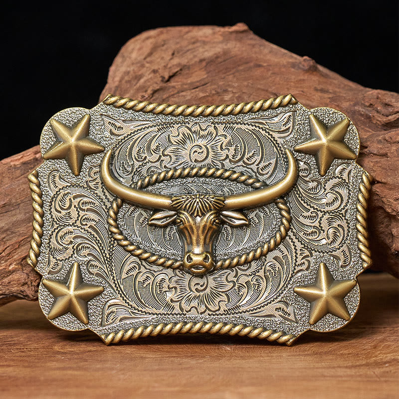 Ceinture en cuir pour homme avec boucle en cuir et motif tête de taureau vintage en relief et étoiles - Bronze - Sans ceinture - Ceinture non incluse - image 0