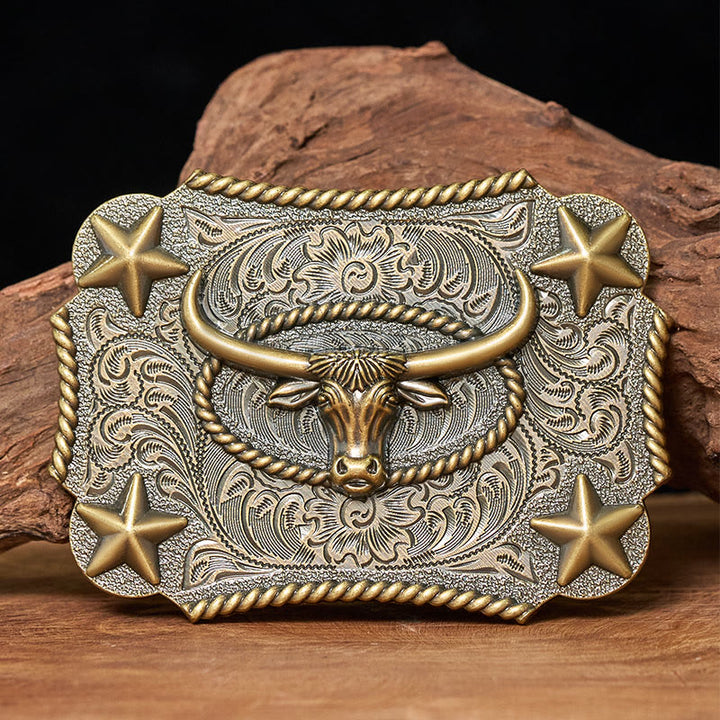 Ceinture en cuir pour homme avec boucle en cuir et motif tête de taureau vintage en relief et étoiles - Bronze - Sans ceinture - Ceinture non incluse - image 0