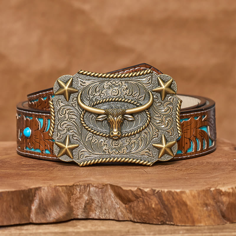 Ceinture en cuir pour homme avec boucle en cuir et motif tête de taureau vintage en relief et étoiles - Bronze - Ceinture turquoise sculptée - 42 - image 6