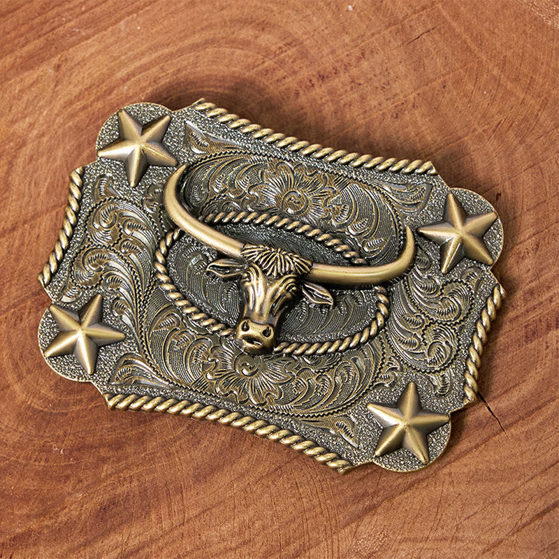 Ceinture en cuir pour homme avec boucle en cuir et motif tête de taureau vintage en relief et étoiles - image 1