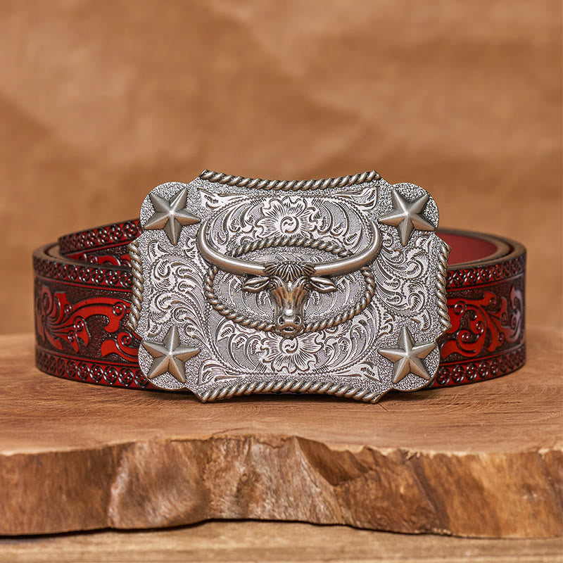 Ceinture en cuir pour homme avec boucle en cuir et motif tête de taureau vintage en relief et étoiles - Argent - Ceinture sculptée marron - 42 - image 13