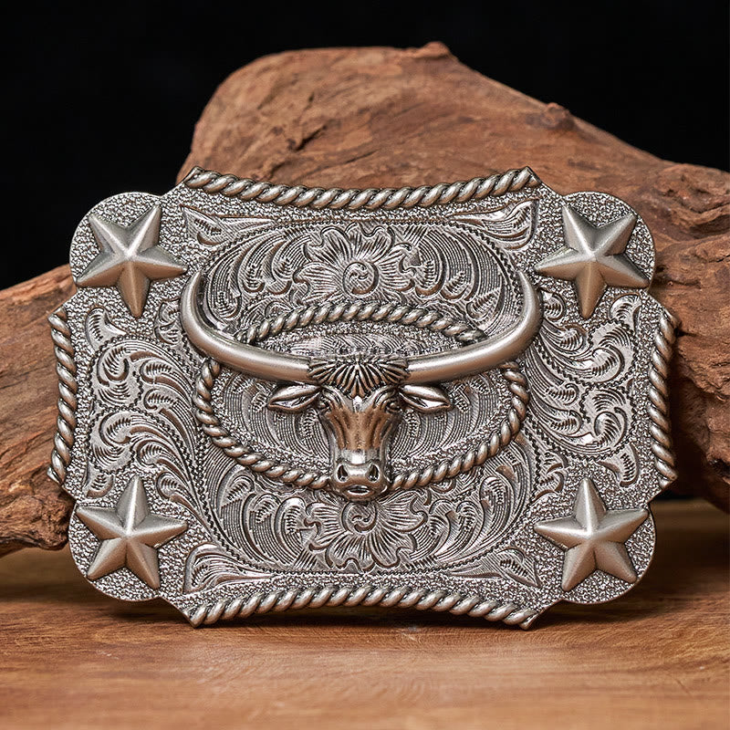 Ceinture en cuir pour homme avec boucle en cuir et motif tête de taureau vintage en relief et étoiles - Argent - Sans ceinture - Ceinture non incluse - image 2