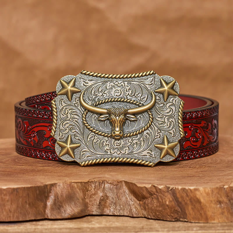 Ceinture en cuir pour homme avec boucle en cuir et motif tête de taureau vintage en relief et étoiles - Bronze - Ceinture sculptée marron - 42 - image 12