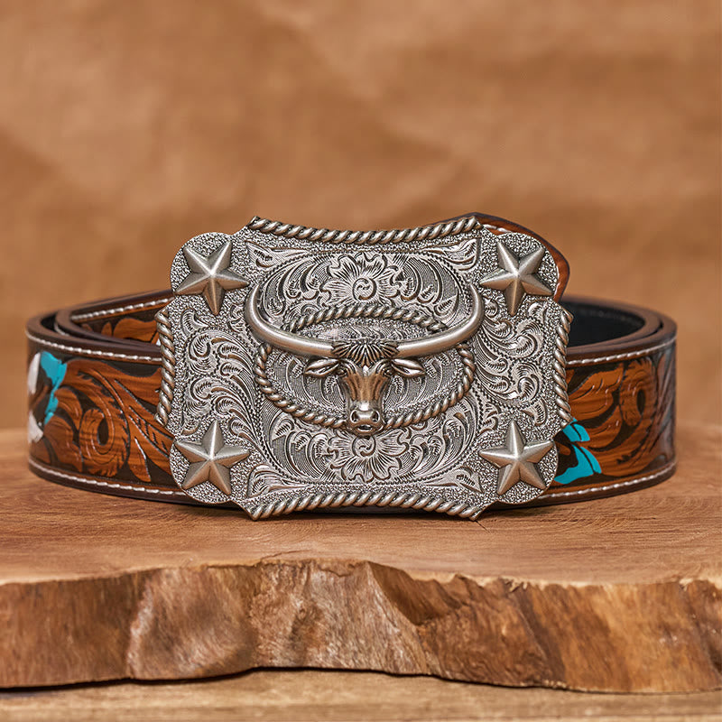 Ceinture en cuir pour homme avec boucle en cuir et motif tête de taureau vintage en relief et étoiles - Argent - Ceinture de plumes brunes - 40 - image 15
