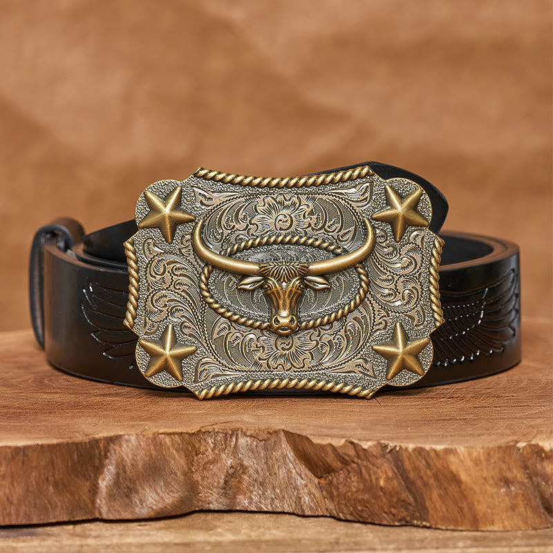 Ceinture en cuir pour homme avec boucle en cuir et motif tête de taureau vintage en relief et étoiles - Bronze - Ceinture noire à motif aigle en relief - 42 - image 4