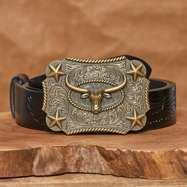 Ceinture en cuir pour homme avec boucle en cuir et motif tête de taureau vintage en relief et étoiles - Bronze - Ceinture noire à motif aigle en relief - 42 - image 4