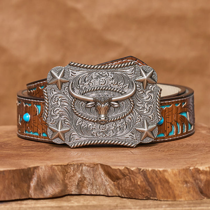 Ceinture en cuir pour homme avec boucle en cuir et motif tête de taureau vintage en relief et étoiles - Argent - Ceinture turquoise sculptée - 42 - image 7