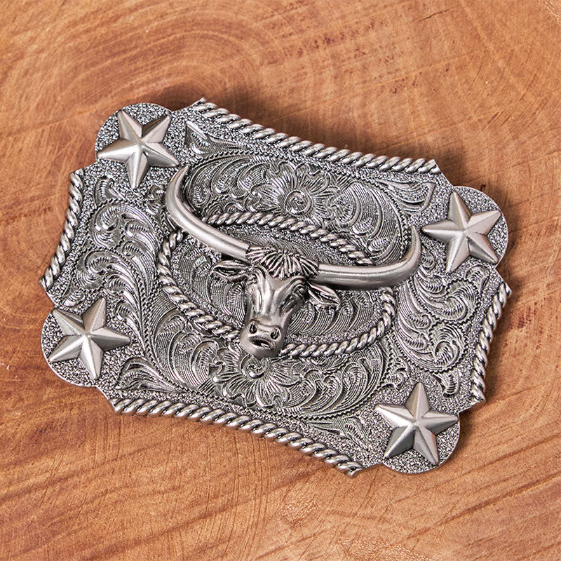 Ceinture en cuir pour homme avec boucle en cuir et motif tête de taureau vintage en relief et étoiles - image 3