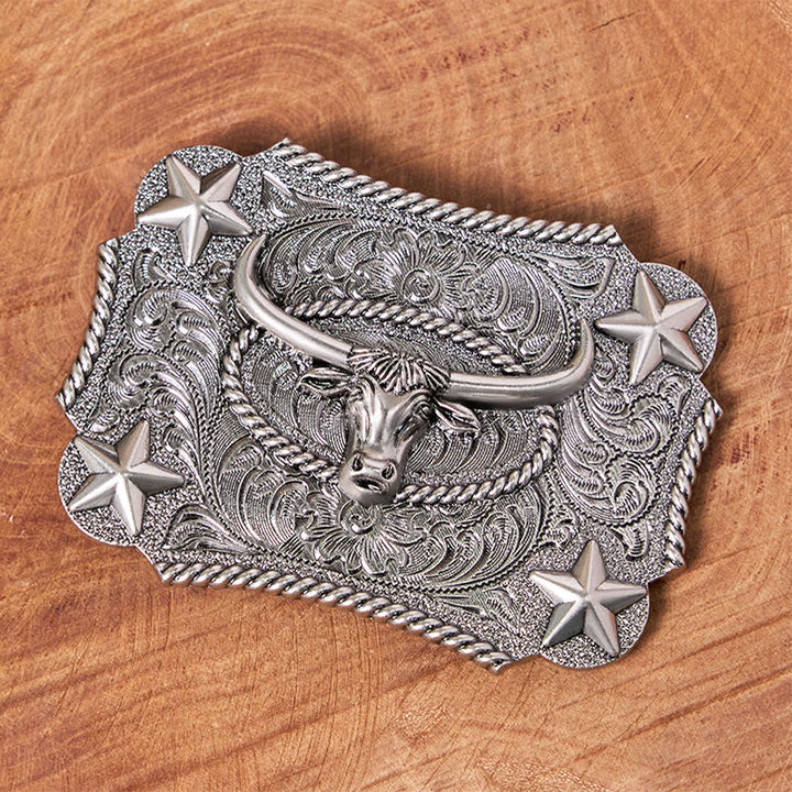 Ceinture en cuir pour homme avec boucle en cuir et motif tête de taureau vintage en relief et étoiles - image 3