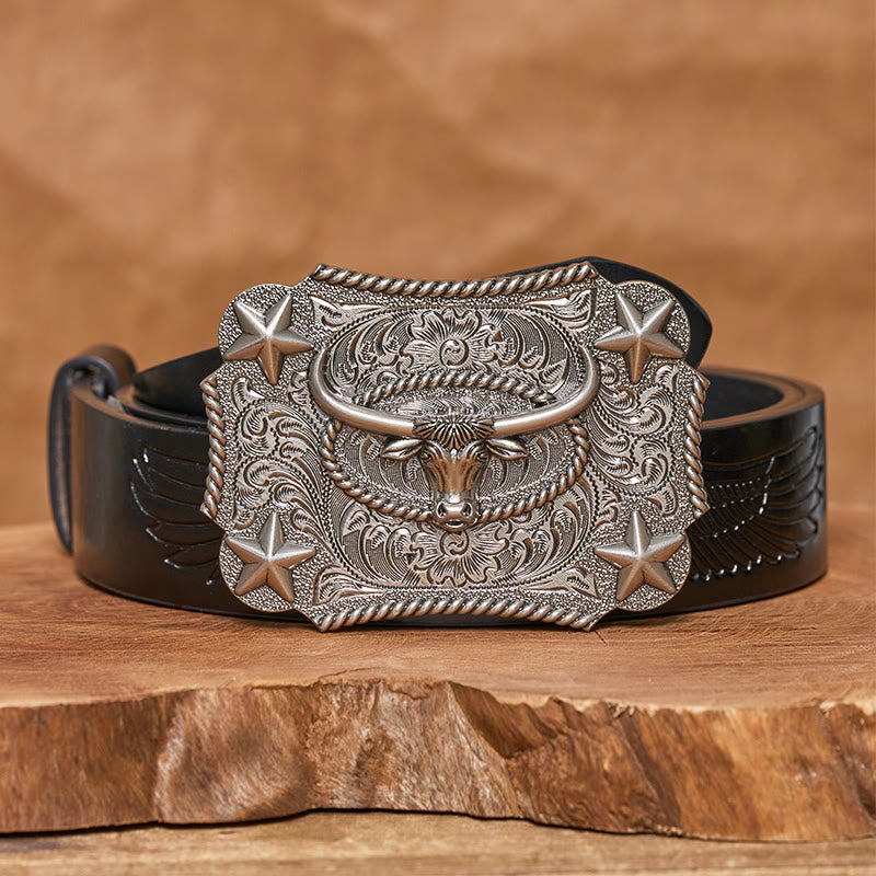 Ceinture en cuir pour homme avec boucle en cuir et motif tête de taureau vintage en relief et étoiles - Argent - Ceinture noire à motif aigle en relief - 42 - image 5