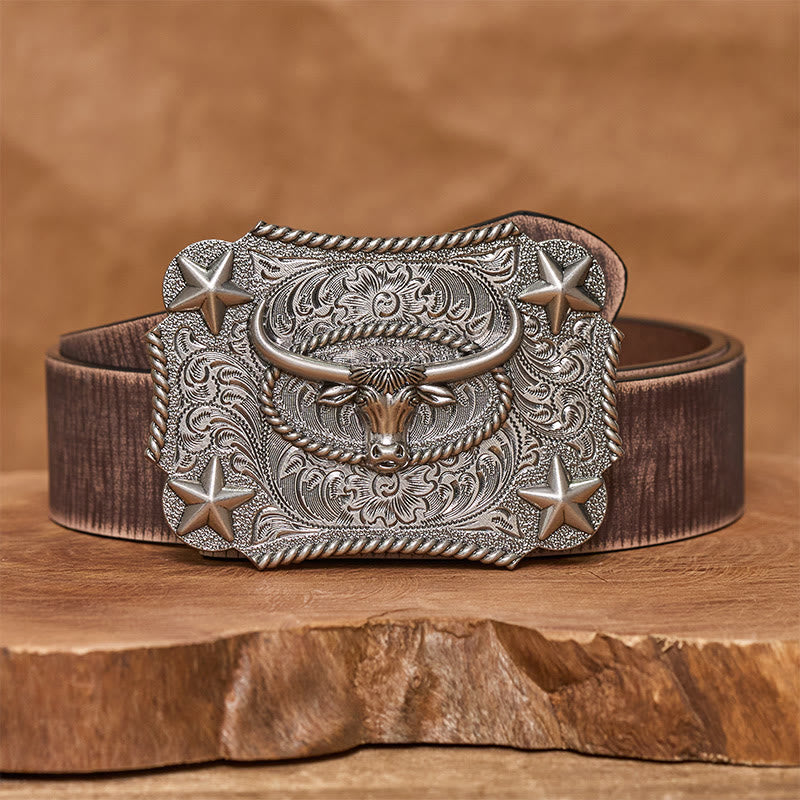 Ceinture en cuir pour homme avec boucle en cuir et motif tête de taureau vintage en relief et étoiles - Argent - Ceinture marron vieillie - 42 - image 11