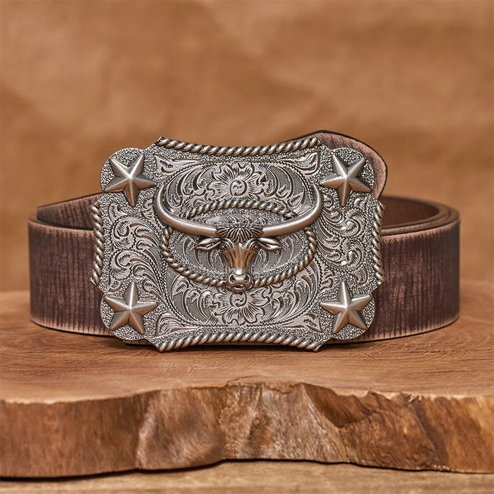 Ceinture en cuir pour homme avec boucle en cuir et motif tête de taureau vintage en relief et étoiles - Argent - Ceinture marron vieillie - 42 - image 11