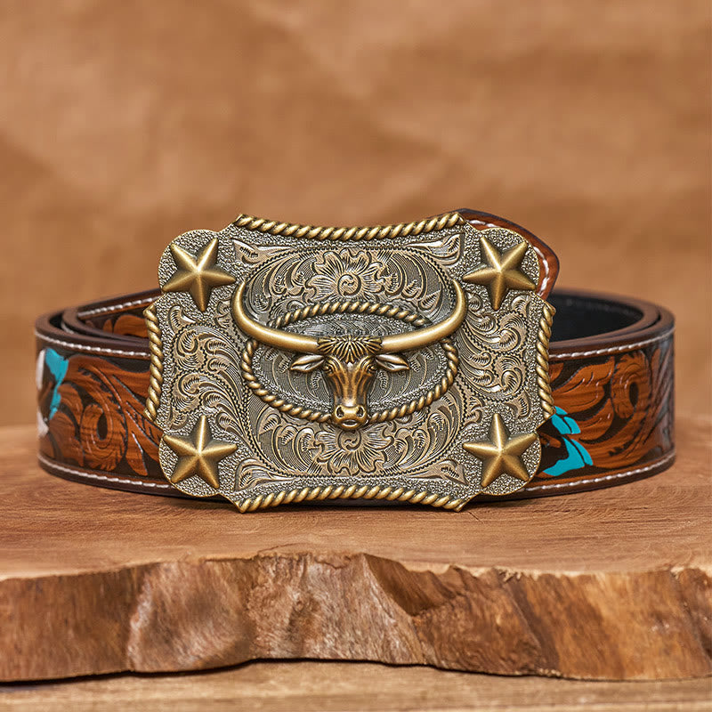 Ceinture en cuir pour homme avec boucle en cuir et motif tête de taureau vintage en relief et étoiles - Bronze - Ceinture de plumes brunes - 40 - image 14