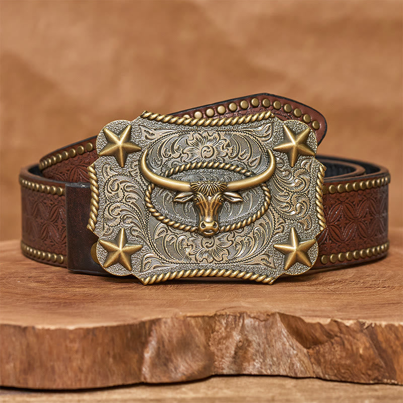 Ceinture en cuir pour homme avec boucle en cuir et motif tête de taureau vintage en relief et étoiles - Bronze - Ceinture à rivets marron - 42 - image 8