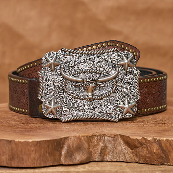 Ceinture en cuir pour homme avec boucle en cuir et motif tête de taureau vintage en relief et étoiles - Argent - Ceinture à rivets marron - 42 - image 9