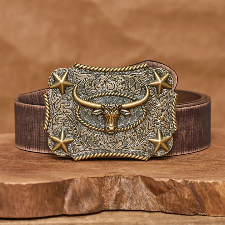 Ceinture en cuir pour homme avec boucle en cuir et motif tête de taureau vintage en relief et étoiles - Bronze - Ceinture marron vieillie - 42 - image 10