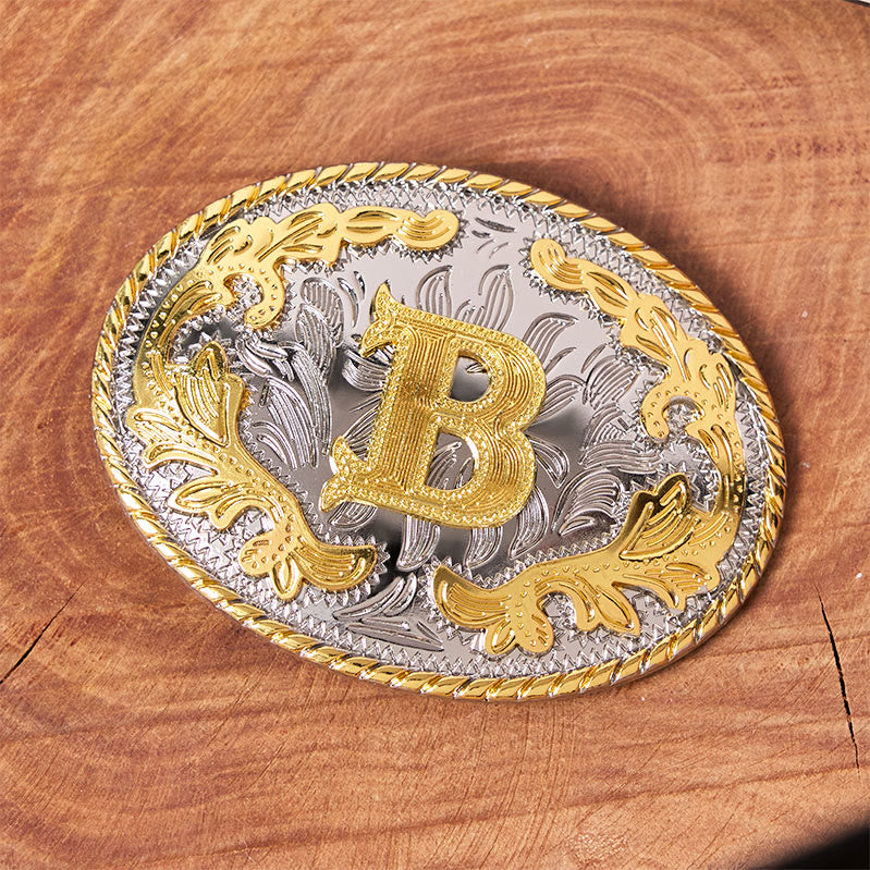 Ceinture en cuir pour homme avec boucle ovale dorée sculptée en lettres - image 1