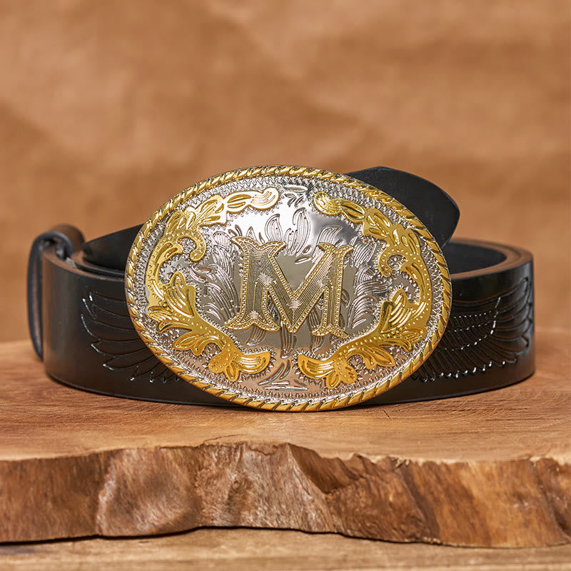Ceinture en cuir pour homme avec boucle ovale dorée sculptée en lettres - image 5