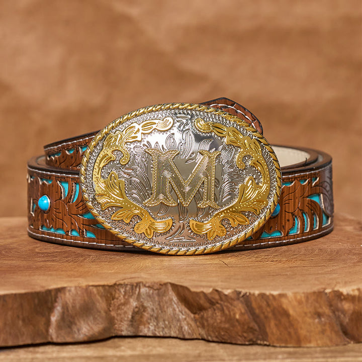 Ceinture en cuir pour homme avec boucle ovale dorée sculptée en lettres - image 7