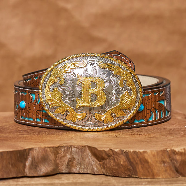 Ceinture en cuir pour homme avec boucle ovale dorée sculptée en lettres - image 6