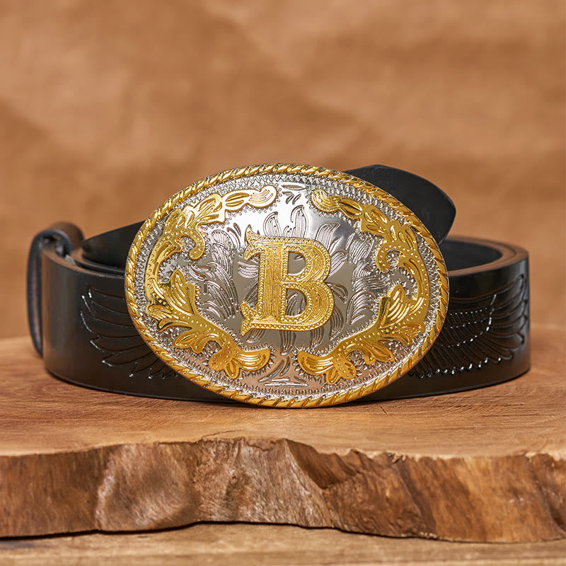 Ceinture en cuir pour homme avec boucle ovale dorée sculptée en lettres - image 4