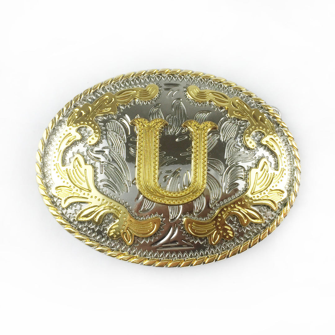 Ceinture en cuir pour homme avec boucle ovale dorée sculptée en lettres - U - Sans ceinture - image 22