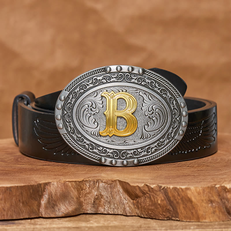 Ceinture en cuir pour homme, argentée, noire, ovale, avec boucle dorée. - B - Ceinture en cuir PU noir (40) - image 4