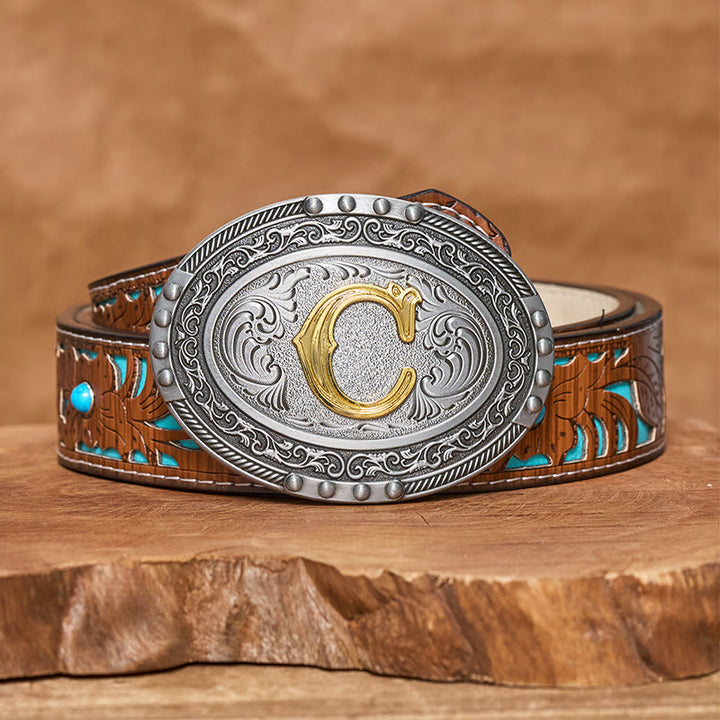 Ceinture en cuir pour homme, argentée, noire, ovale, avec boucle dorée. - C - Ceinture turquoise sculptée (40) - image 7