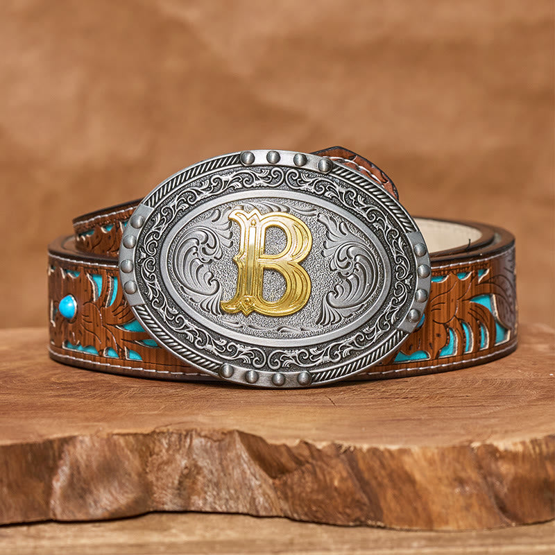 Ceinture en cuir pour homme, argentée, noire, ovale, avec boucle dorée. - B - Ceinture turquoise sculptée (40) - image 6