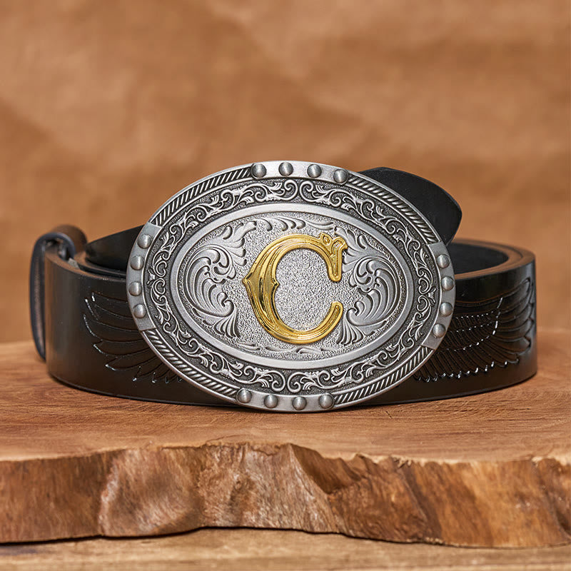 Ceinture en cuir pour homme, argentée, noire, ovale, avec boucle dorée. - C - Ceinture en cuir PU noir (40) - image 5