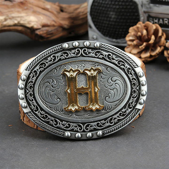 Ceinture en cuir pour homme, argentée, noire, ovale, avec boucle dorée. - H - Sans ceinture - image 15