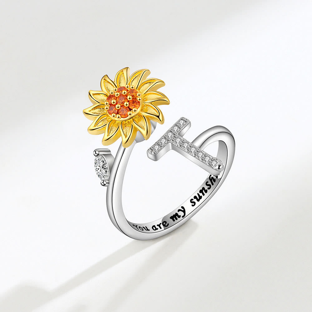 Bague ajustable avec initiale tournesol tournante anti-anxiété - T - image 20